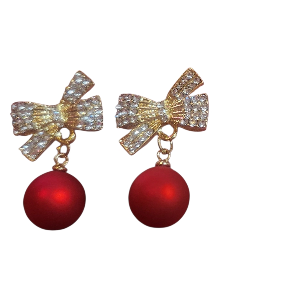 Elegant Bow and Red Ball Earrings